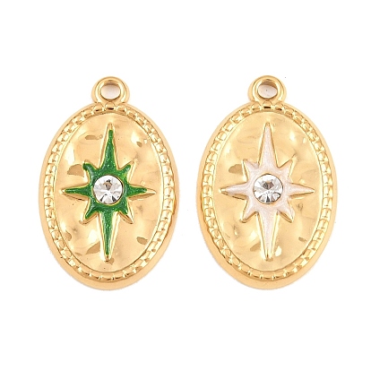 304 Stainless Steel Enamel & Crystal Rhinestone Pendants, Oval with Star Pattern Charms, Ion Plating(IP), Golden