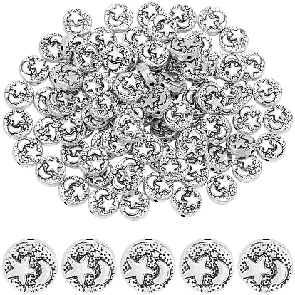 100 бусины из сплава в тибетском стиле, без кадмия и без свинца, плоский круглый со звездой и луной