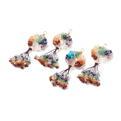 Gros pendentifs en pierres précieuses naturelles et synthétiques, avec du fil de cuivre enroulé et du fil de nylon tressé marron coco, mélangé teint et non teint
