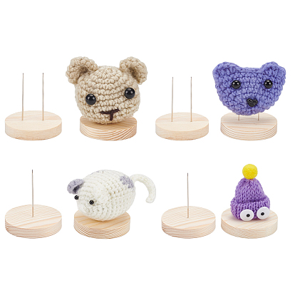 8Pcs 4 Styles Wood Crochet Doll Base Display Rack with Iron Pin, Plush Doll Display Base Wooden Support Stand, Flat Round