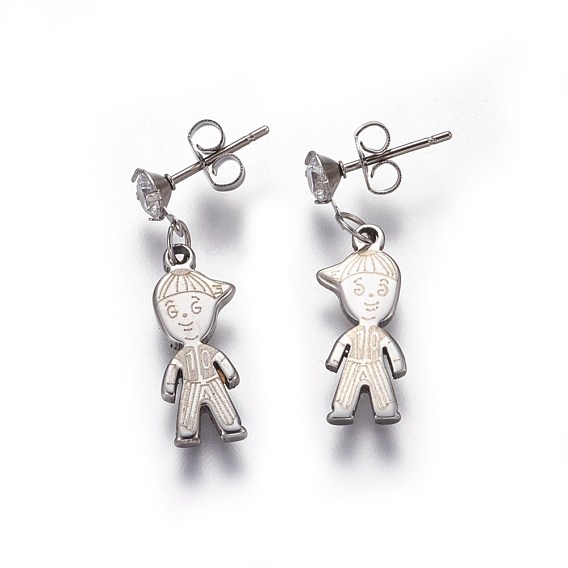304 inox Pendants d'oreilles stud, avec noix et zircone, garçon