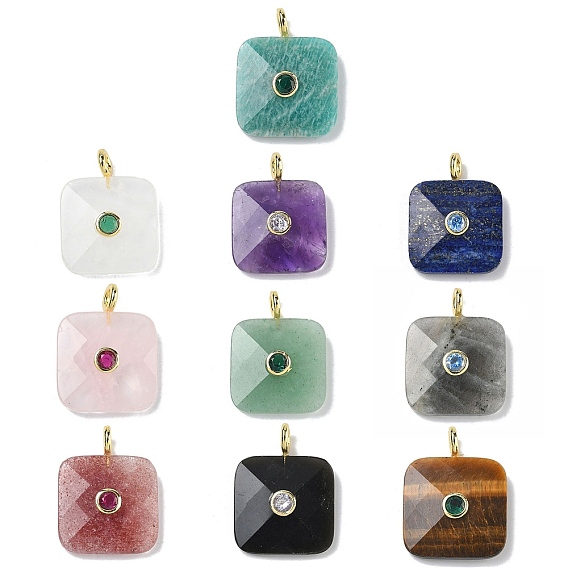 Ограненные подвески из натуральных драгоценных камней, Квадратные подвески с латунными фианитами в оправе из кубического циркония, золотые