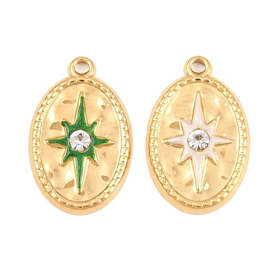 304 Stainless Steel Enamel & Crystal Rhinestone Pendants, Oval with Star Pattern Charms, Ion Plating(IP), Golden