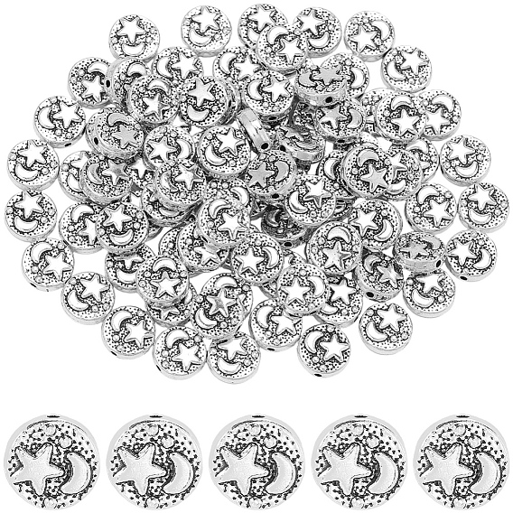 100 бусины из сплава в тибетском стиле, без кадмия и без свинца, плоский круглый со звездой и луной