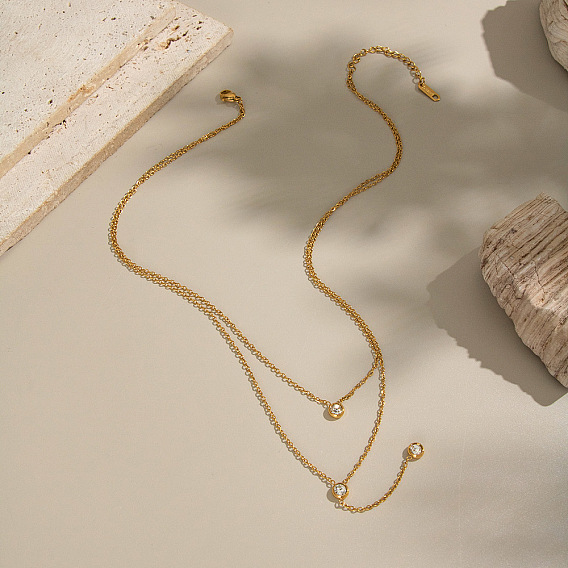 Элегантные 304 плоские круглые подвески из нержавеющей стали с прозрачными кубическими цирконами в форме паве, двухслойные Y-образные ожерелья для женщин