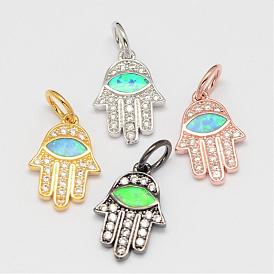 Brass Micro Pave Cubic Zirconia Charms, with Synthetic Opal, Hamsa Hand/Hand of Fatima/Hand of Miriam with Horse Eye