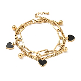 Resin Heart and Round Ball Charm Multi-strand Bracelet, Vacuum Plating 304 Stainless Steel Double Layered Chains Bracelet for Women