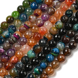 Faceted Natural Banded Agate Beads Strands, Round, Dyed & Heated
