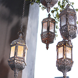 Lantern Shape Iron Hanging Candlestick with Glass Candleholde, Home Moroccan Candlestick