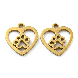 Ion Plating(IP) 316 Surgical Stainless Steel Charms, Laser Cut, Heart with Paw Print Charms