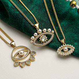 Luxury Zircon Pearl Evil Eye Pendant Necklace for Women