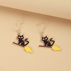 Cartoon Cat Broom Moon Bat Earrings - Fun Halloween Accessories!