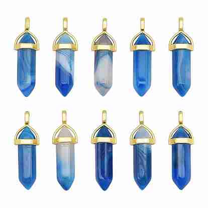 10Pcs Natural Banded Agate Pointed Pendants, with Random Alloy Pendant Hexagon Bead Cap Bails, Golden, Bullet, Dyed & Heated