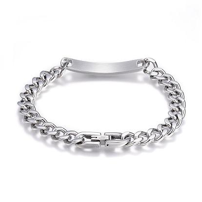 304 Stainless Steel ID Bracelets, with Curb Chain and Cubic Zirconia