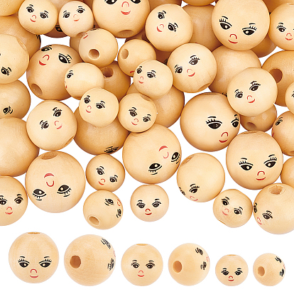 60 шт. 3 стили из натурального дерева, европейские бусины, Круглые бусины с крупными отверстиями и улыбающимся лицом, неокрашенными
