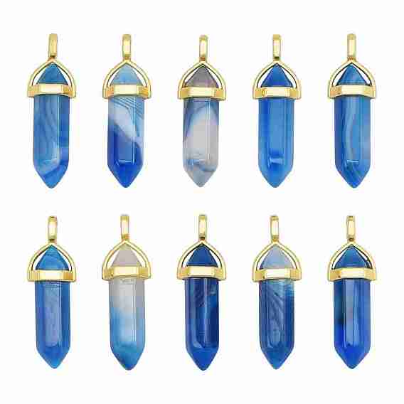 10Pcs Natural Banded Agate Pointed Pendants, with Random Alloy Pendant Hexagon Bead Cap Bails, Golden, Bullet, Dyed & Heated