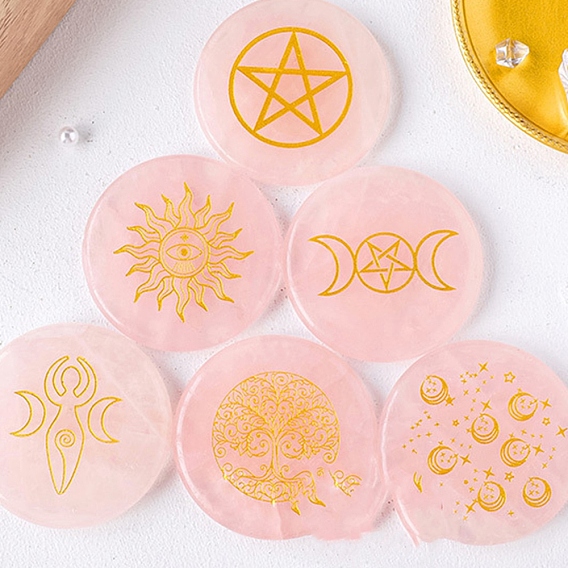 Натуральный розовый кварц, резной лечебный плоский круглый камень, Украшения из камня с энергией Рейки