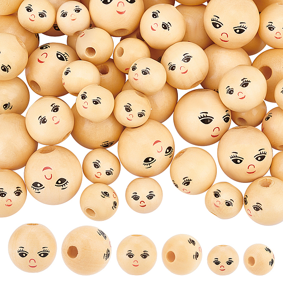 60 шт. 3 стили из натурального дерева, европейские бусины, Круглые бусины с крупными отверстиями и улыбающимся лицом, неокрашенными