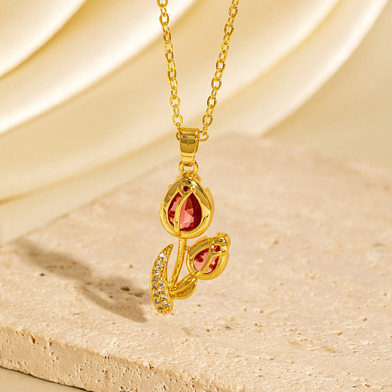 Brass Pave Cubic Zirconia Tulip Flower Pendant Necklaces for Women, Real 18K Gold Plated