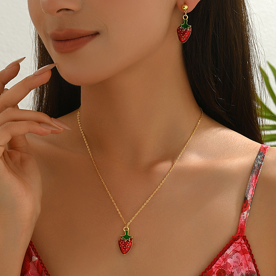 Комплект из латунных серег-гвоздиков и ожерелий с клубникой и вишней для женщин