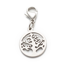 Round Ring with Tree 304 Stainless Steel Filigree Pendant Decorations, with 304 Stainless Steel Lobster Claw Clasps & Open Jump Rings