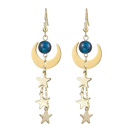 Brass Dangle Earring, with Natural Tiger Eye and 304 Stainless Steel Charms, Moon & Star