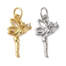 Rack Plating Brass & Clear Cubic Zirconia Pendants, Cadmium Free & Lead Free, Long-Lasting Plated, Butterfly fairy, with Jump Ring