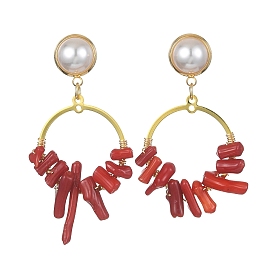 Dyed Synthetic Coral Irregular Column Beaded Dangle Stud Earrings, Brass Long Drop Earrings for Women