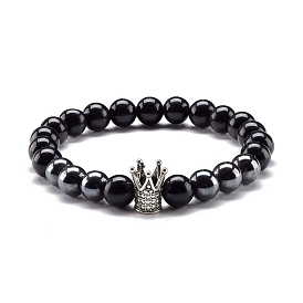 Natural Obsidian & Non-Magnetic Synthetic Hematite Round Beads Energy Stretch Bracelet for Men Women, Crown Alloy Bracelet