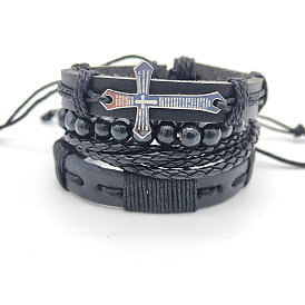 Vintage Leather Bracelet Set for Men with Woven and Eye of Fatima Charms
