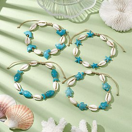 Coquille de cauris mélangée naturelle avec bracelets de cheville en perles synthétiques turquoise