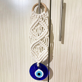 Cotton Cord Macrame Woven Wall Hanging, Glass Evil Eye Hanging Ornament with Wood Rings, for Home Decoration