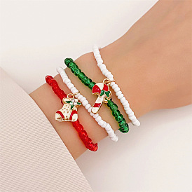 Colorful Beaded Christmas Bracelet Set with Candy Cane Socks and Handmade Charm, Holiday Gift for Her