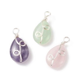 3Pcs 3 Styles Natural Mixed Stone Pendants, Natural Rose Quartz & Amethyst & Green Aventurine, Teardrop Charm, with Silver Tone Eco-Friendly Copper Wire Wrapped