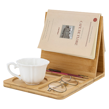 Atril de bambú con taza, gafas, soporte para bolígrafo y teléfono, Rectángulo
