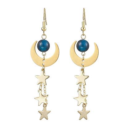 Brass Dangle Earring, with Natural Tiger Eye and 304 Stainless Steel Charms, Moon & Star