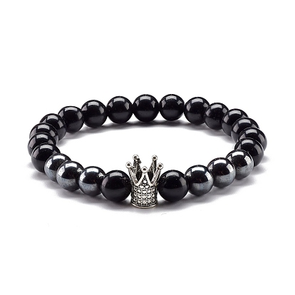 Natural Obsidian & Non-Magnetic Synthetic Hematite Round Beads Energy Stretch Bracelet for Men Women, Crown Alloy Bracelet