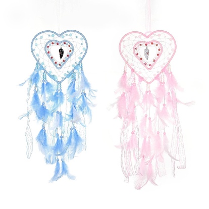 Паутина/сетка, плетеная в форме сердца, с подвесными украшениями из перьев, Железное кольцо и деревянные бусины для украшения стен дома, гостиной, спальни