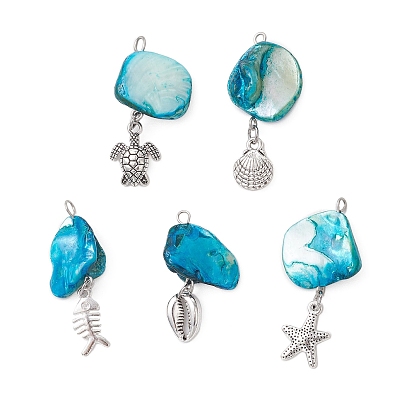 5шт. 5 стили натуральные пресноводные ракушки окрашенные самородки подвески, океан сплав морские животные подвески, глубокое синее небо