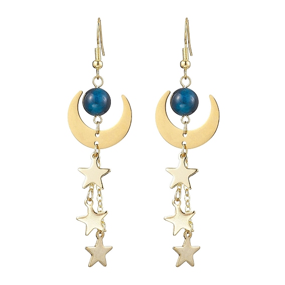 Brass Dangle Earring, with Natural Tiger Eye and 304 Stainless Steel Charms, Moon & Star