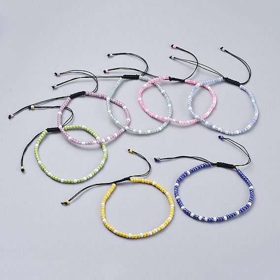 Регулируемые нейлоновые нити плетеные браслеты из бисера, со стеклянными бисеринами, непрозрачных цветов lustered, Цейлон круглых, круглые