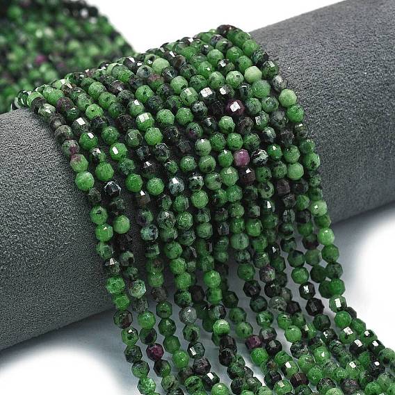 Натуральный рубин в цоизита бусин пряди, энергетическая призматическая огранка с двойными концами бусины, граненые двухконусные