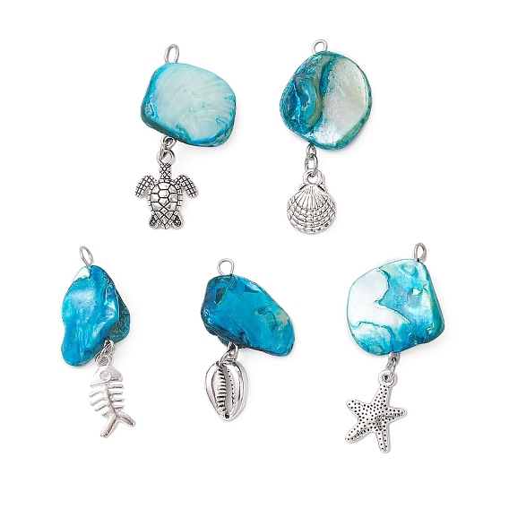 5шт. 5 стили натуральные пресноводные ракушки окрашенные самородки подвески, океан сплав морские животные подвески, глубокое синее небо