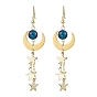 Brass Dangle Earring, with Natural Tiger Eye and 304 Stainless Steel Charms, Moon & Star