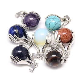 Natural & Synthetic Mixed Stone Pendants, with Iron Findings, Hand with Round Ball, Platinum