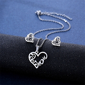 Word Love Mom Jewelry Set, Heart Shape 304 Stainless Steel Pendant Necklace and Stud Earrings for Mother's Day