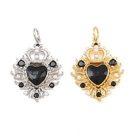 Brass Micro Pave Black Cubic Zirconia Pendants, with Black Enamel & ABS Plastic Imitation Pearl, Heart with Crown Charms, Cadmium Free & Lead Free, Rack Plating, Long-Lasting Plated