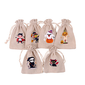 Pochettes d'emballage en jute rectangulaires, sacs à cordon imprimés halloween