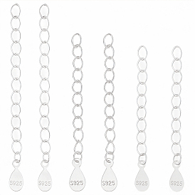 6 piezas 3 estilos 925 cadenas extensoras retorcidas de plata de ley, con encantos de lágrima, con 925 sello, 1 Paño de tela para pulir plata