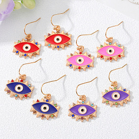 Retro Demon Eye Earrings with Colorful Rhinestone Eyelash and Eye-shaped Pendant